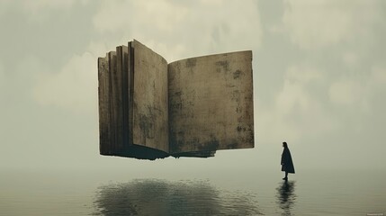 Wall Mural -  Minimalist, surreal digital art of a floating book with pages turning, hovering above a calm ocean, muted colors,