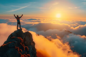 Wall Mural - Silhouette of man standing on top mountain with arms raised up and enjoying sunset view Conceptual photo for success, freedom or happy life in the nature Generative AI