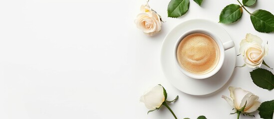 Poster - Top view flat lay arrangement of a coffee cup and white roses on a white background with ample space for additional elements known as a copy space image.