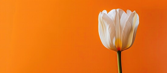 Aufkleber - White tulip in a spring-themed image with an orange backdrop and space for text. Floral design for greeting cards with a minimalistic and geometric style.