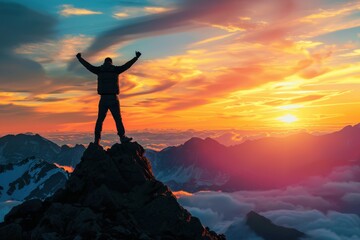 Wall Mural - Silhouette of man standing on top mountain with arms raised up and looking at sky during sunset Concept for success, achievement or determination in business Generative AI