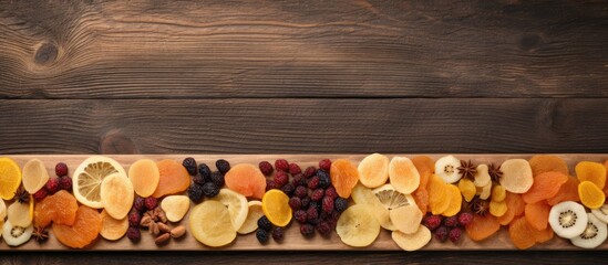 Sticker - Dried fruits frame for making drinks or compotes, promoting health with copy space image on boards.