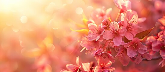 Poster - Capture the beauty of spring with a macro image of blooming Japanese cherry branches against a sunny floral background, ideal for wallpaper or greeting cards, featuring copy space.