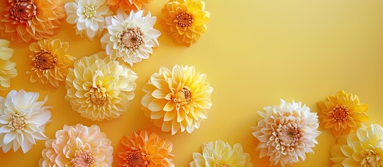 Poster - Dahlias in orange and white hues showcased on a soft yellow backdrop with copy space for a summer or autumn-themed floral arrangement viewed from above.