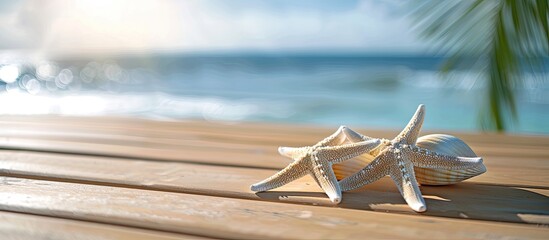 Aufkleber - Starfish and shell on the light deck with copy space image.