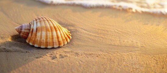 Aufkleber - Seashell resting on sandy beach with room for copy space image.