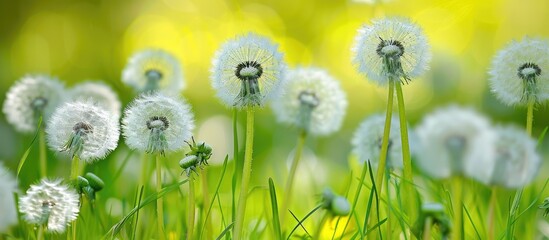 Poster - A close-up image of square dandelions with white flowers and vibrant green stems on a sunny day provides ample space for duplication.