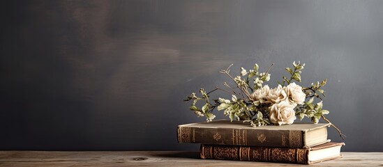 Wall Mural - Display an antique book on the gray backdrop showing copy space image.