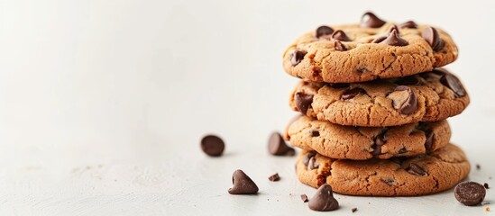Poster - A mouthwatering stack of Chocolate Chip Cookies on a white surface with copy space image.