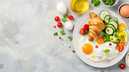 Wall Mural - Two sunny side up eggs, a croissant, cucumber slices, and tomato halves are arranged on a white plate