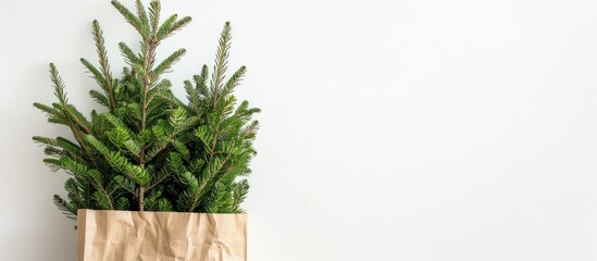 Canvas Print - Christmas tree with green leaves in a brown paper bag resting on a background that is predominantly white, offering ample copy space for images.