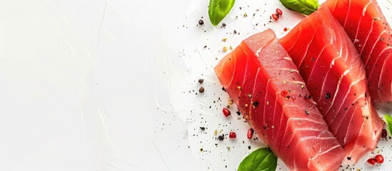 Wall Mural - Isolated tuna steaks with a white background, showcasing fresh fish rich in useful omega, incorporating a copy space image.