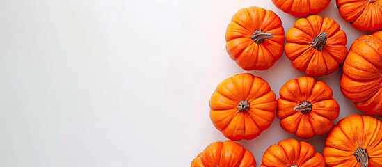 Poster - Top view of pumpkins on a white background with space for text - a creative autumn-themed image perfect for Thanksgiving.