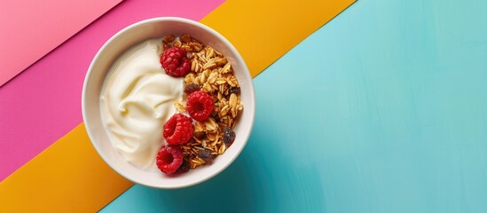 Aufkleber - Granola and yogurt in a bowl on a colorful backdrop, with space for adding your own image.