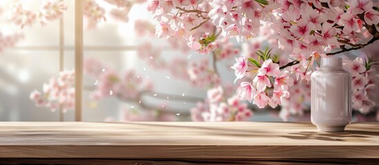 Sticker - Product stand displayed on a wooden desk with a Cherry blossom tree background, embodying a Spring Season theme in a copy space image.