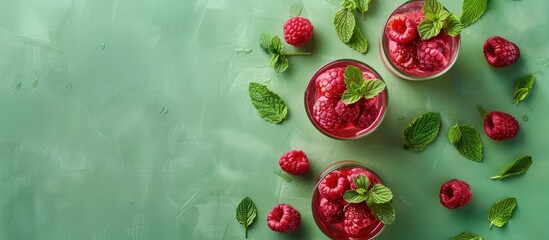 Poster - Refreshing summer drink made from raspberries set on a green background in a top-view copy space image.