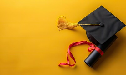 Wall Mural - flat lay composition, graduation hat, diploma on yellow background.illustration