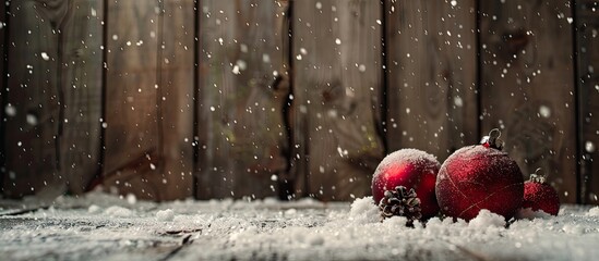 Poster - Snow-covered ground with Christmas balls against a rustic wooden backdrop, featuring a copy space image.