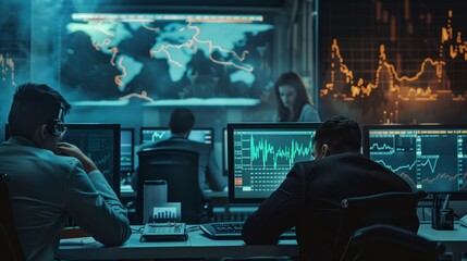 Poster - A group of stock market analysts are working late into the night, intensely focused on their computer screens, analyzing data and charting the stock market.