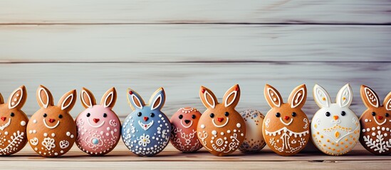 Aufkleber - Gingerbread eggs and rabbits with sugar glaze displayed on a light wooden backdrop providing a charming copy space image.