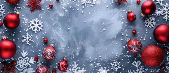 Poster - Festive winter border featuring decorative baubles, snowflakes on a grey background. Perfect for Christmas and New Year compositions with a flat lay design and space for additional images.