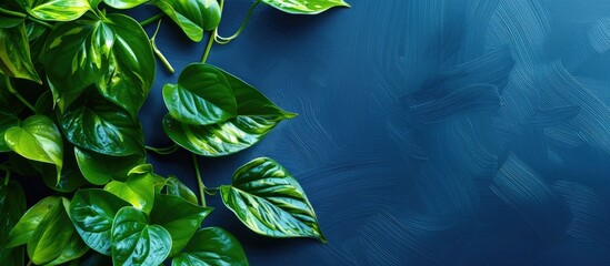 Aufkleber - Golden pothos plant against a blue backdrop, complete with a border design and ample copy space image.