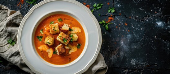 Poster - Top view of pumpkin soup in white plate with croutons, placed on a dark, weathered table, offering plenty of copy space image.