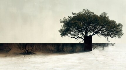 Wall Mural -  Minimalist, surreal digital art of a lone doorframe leading to a forest, set in a vast white sand desert, muted colors,