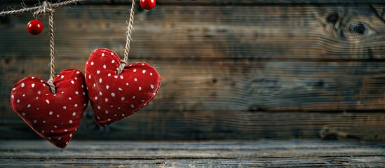 Poster - Two red heart decorations hanging on a cloth line against a wooden backdrop with space for text. Valentine's Day concept with a photo frame and mockup.