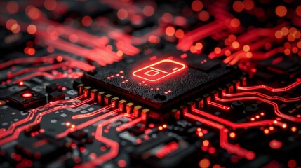 Fototapete - A close-up image of a red-illuminated circuit board with a glowing symbol in the center. The intricate circuitry is visible and highlighted by the bright red light.