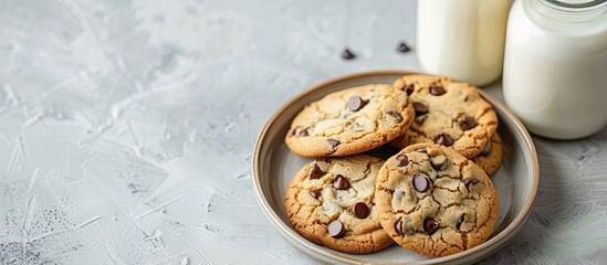 Poster - Freshly baked chocolate chip cookies on a plate with a bottle of fresh milk, with copy space image.