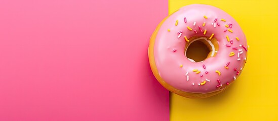 Poster - Close-up of a pink doughnut on a vibrant yellow backdrop with ample copy space image.