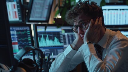 Poster - A tired trader sits at his desk, his head resting on his hands, as he looks at financial charts on his computer screen. The room is dimly lit, creating a somber atmosphere.