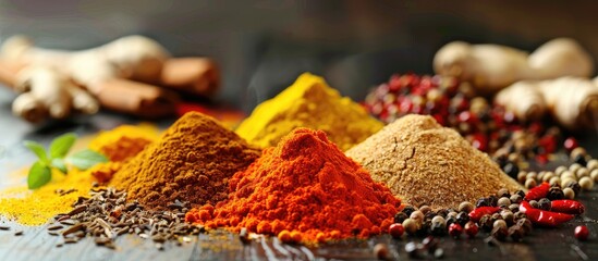 Canvas Print - Various spices like turmeric, coriander, and red pepper are arranged on a kitchen table, making an appealing copy space image.