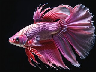 Wall Mural - Elegant white and pink half moon betta fish. Beautiful movement of Siamese fighting fish, Betta splendens, Halfmoon Betta isolated on black background.