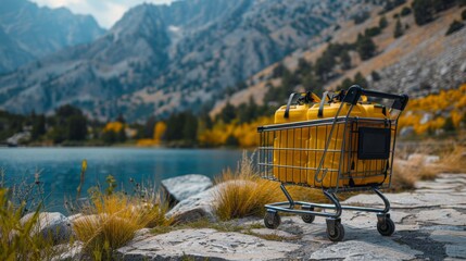 Poster - A shopping cart brimming with colorful camping gear and outdoor equipment, isolated on a scenic backdrop, representing the spirit of