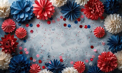 Wall Mural - usa national holiday banner design red white, blue paper fans, confetti on white table flat lay top view happy american independence day labor day columbus day concept.stock photo