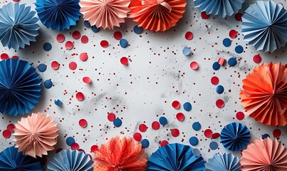 Wall Mural - usa national holiday banner design red white, blue paper fans, confetti on white table flat lay top view happy american independence day labor day columbus day concept.illustration