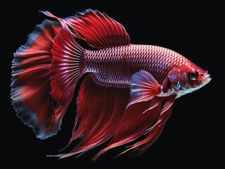 Wall Mural - Elegant super red half moon betta fish. Beautiful movement of Siamese fighting fish, Betta splendens, Halfmoon Betta isolated on black background.