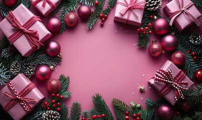 Wall Mural - pink christmas background frame of gift boxes xmas balls decorations happy new year poster design.stock image