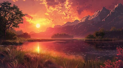 Wall Mural - Sunset over a serene landscape AI generated