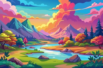 Wall Mural - collect, watercolor, white background, memories, Vibrant watercolor depiction of scenic landscape on white background, inviting the viewer to explore and collect memories.