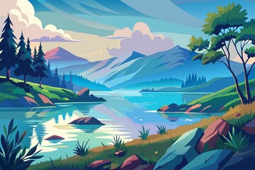 Wall Mural - serene, lake, watercolor, calming, Watercolor scenery of peaceful lake, set in serene and calming environment, with subtle blue tones and soft shadows