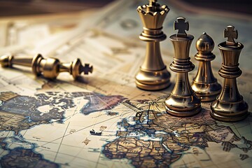 Golden Chess Pieces on a Vintage World Map - Illustration