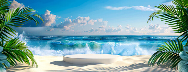 Wall Mural - 3D rendering podium background beach and tropical for advertising