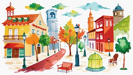 Wall Mural - street art, painting, illustration, cityscape, Water Color Collection of Street Scenes, Isolated on White