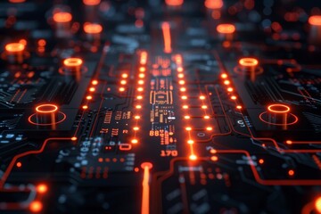 Wall Mural - Circuit board with glowing pathways in dark environment symbolizing advanced technology and connectivity in a dramatic futuristic setting