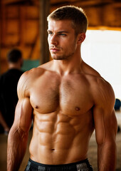 portrait of a shirtless muscular man in an interior setting created with generative ai technology