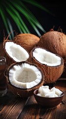 Sticker - a bunch of coconuts are on a table with a glass of water.