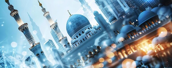 Mosque Illustration With Blue Domes and Minarets